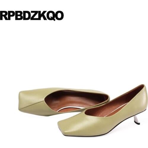 Green Size 33 Women Shoes Thin 2021 Girls Square Toe Pumps Medium Heels Genuine Leather Trending Catwalk High Footwear Kitten