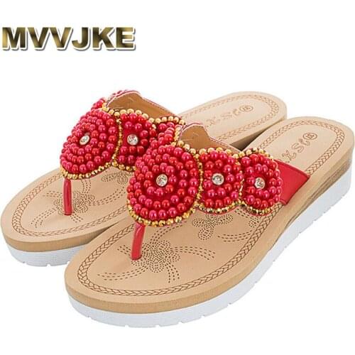 MVVJKE Women Ladies Bohemia Chain Pearl Flat Rocker Beach Casual Shoes Summer Fashion Flat Round Toe Slipper Outdoor Shoe Warm