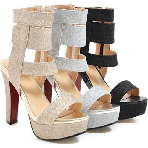 JETT DRAGON Womens Sandals Summer New Style Fashion Solid Sequined Open Toe Zipper Thick Heel High Heel Womens Shoes Plus Size