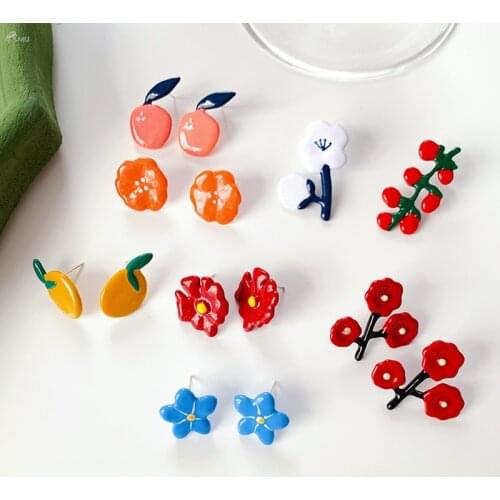 AOMU 1Pair 2020 New Cute Colorful Dripping Glaze Fruit Flower Earrings for Women Party Jewelry Gifts S925