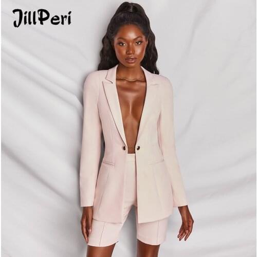 JillPeri Long Sleeve Sexy Outfits for Women Solid Office Lady Daily Suits Street Wear Fashion Blazer and Short Set