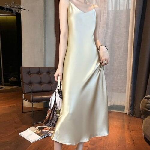 Sleeveless Sexy Dress Women Summer New V Neck Satin Silk Sling Dress Women Loose Solid Holiday Party Long Dresses Vestidos 15710