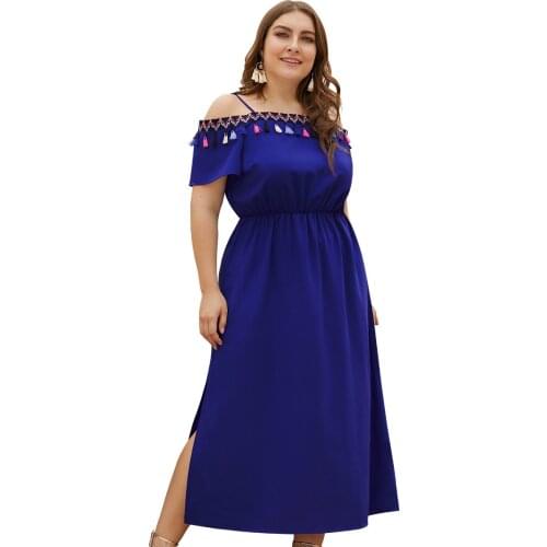 Original Design 2019 Women Tassel Dress High Waist Short Sleeve Female Split Long Dresses Sexy Boat Neck Blue Color Plus 3XL 4XL