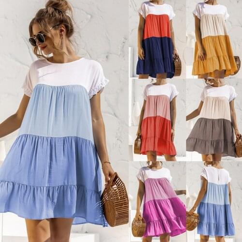 Contrast Color Block Women Patchwork Dress Loose Fit Short Sleeve Dress Casual Sukienka Pleated Ruffle Mini Dress Baggy Summer