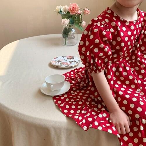 2021 1-8Y Summer Kids Girls Dress Red Big Polka Dot Fashion Childrens Dress Baby Toddler Girl Summer Cotton Princess Dress