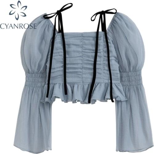 Puff Long Sleeve Draped Design Blue Blouses Or Crop Tops Women Slim Sexy Chiffon Party Club Bar Boydcon Blusas 2021 Summer Shirt