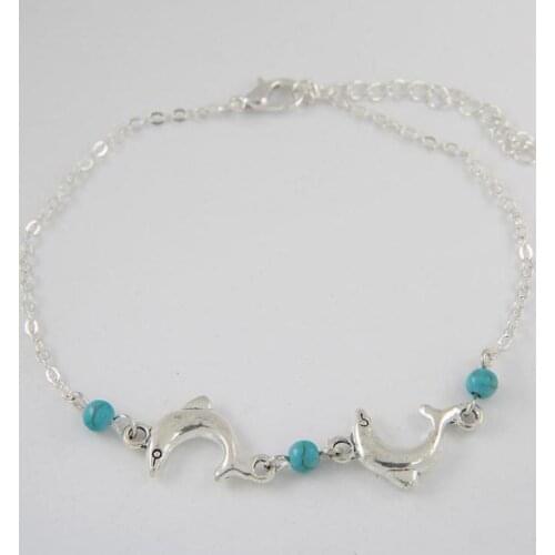 Retro Gold Aqua Blue Bead Dolphin Anklet Ankle Bracelet Beach Foot Jewelry Bracelet Cheville Femme Tornozeleira