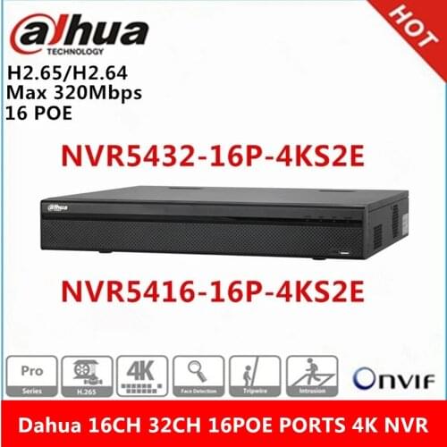 Original Dahua 4K NVR 1.5 U Network Video Recorder NVR5432-16P-4KS2E 32ch with 16 PoE ports max support 12Mp resolution