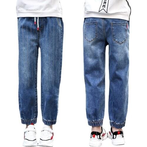 Kids Girls Autumn Loose Stretch Blue Denim Pants Fashion Crystal Decoration Stripe Harem Jeans Children Clothes for 5-14 Years