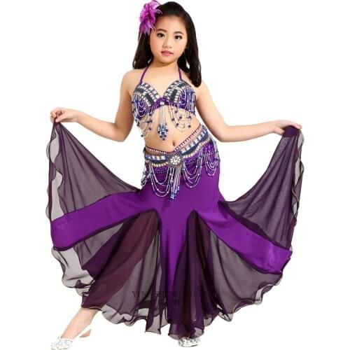 Children Dance Performance Costumes Girls Oriental Belly Dance Beaded Tassel Clothing Children Belly Dance Performance 2Pcs Set
