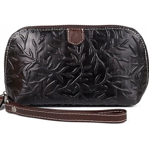 Women Clutch Purse Cell Phone Case Money Bag Wrist Bags ID Credit Cards Clips Female Genuine Embossing Leather Long Wallets