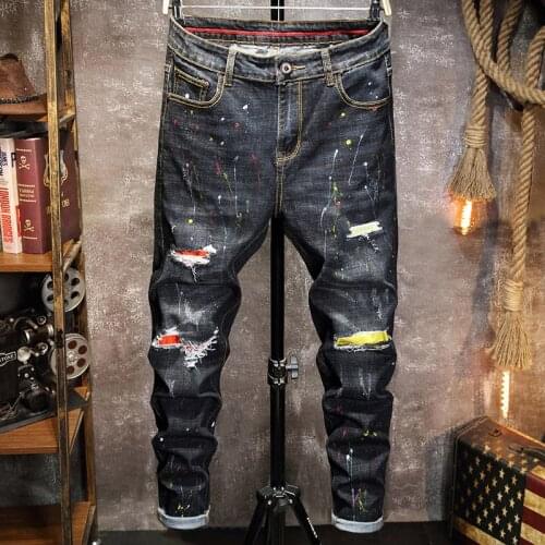 Fashion Mens Ripped Hole Jeans Slim-fit Hip Hop Denim Trousers Graffiti Patch Black Trendy Street Beggar Pants Youth Brand
