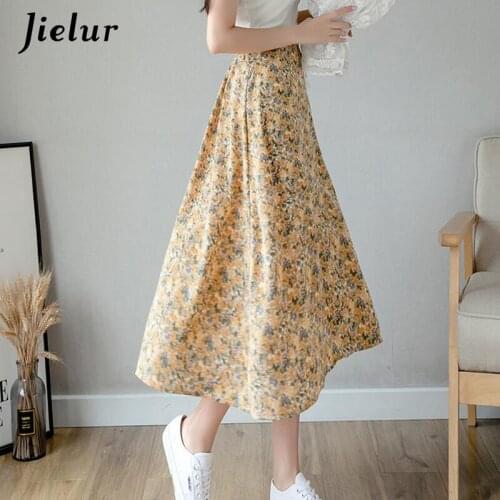 Jielur Mid-length Oil Painting Floral Chiffon Skirts Korean Style High Waist Elastic Long Women Skirt A-line Skirt for Women