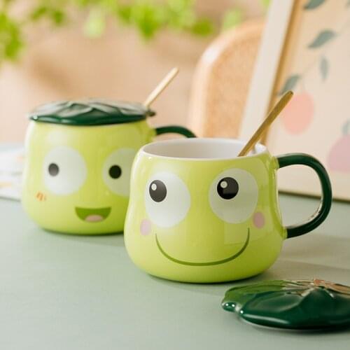 Super Cute Little Frog Ceramic Mark Cup Cartoon Creative Cute Children Milk Breakfast Coffee Cup with Lid Spoon
