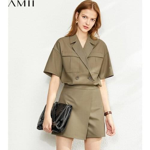 Amii Minimalism Summer New Womens Shirt Offical Lady Solid Vneck Womens Tops Causal Aline Womens Shorts 12030011