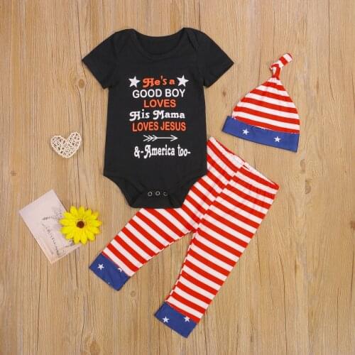 Summer Newborn Baby Boys 3Pcs Independence Day Outfits Short Sleeve Letter Print Romper + Striped Long Pants + Beanie Hat Set