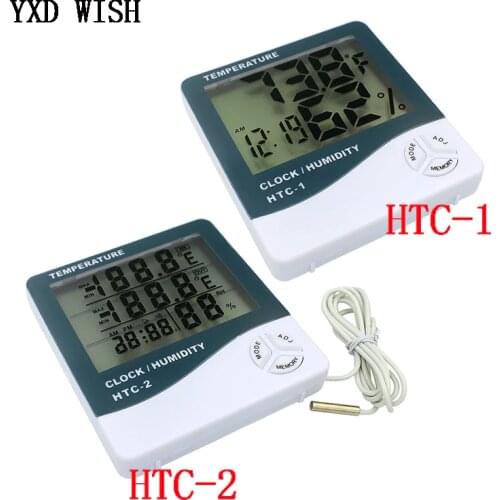LCD Digital Thermometer Hygrometer Weather Station HTC-1 HTC-2 Temperature Humidity Tester Clock Alarm Wall Sensor Probe LCD