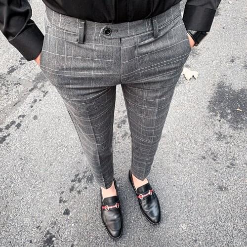 2021 Autumn New Mens Suit Pants Men Fashion Business Casual Plaid Slim Fit Classic Ankle length pants Wedding Party Trousers