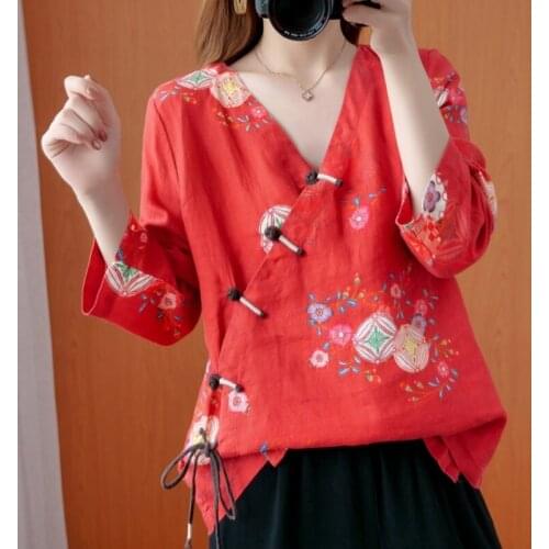 Chinese Style Clothing Women Clothes 2020 Cheongsam Top Linen Shirts Oblique Blouse Cotton Hanfu Ladies Chinese Tops