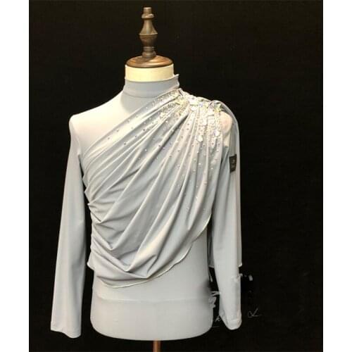 Latin Dance Shirts Men Cha Cha Rumba Samba Tango Salsa White Long Sleeve Shiny Rhinestone Crystal Competition Top Male DNV12704
