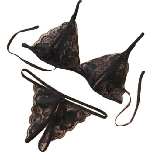 Sexy Lingeries Women Intimates Sheer Lace Bandage Bra Open Crotch G-String Erotic Underwear Set Push-up Bra & Brief Sets 4 Color