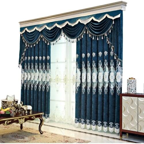Custom curtains European Upscale Chenille embroidered livingroom bedroom blue Velvet blackout curtain tulle valance drape M841