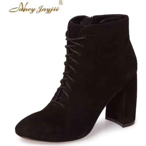 Supperstar Womens Black Suede Round Toe Lace Up High Thick Heels Mid-Calf Boots Fashion Zipper Decoration Shoes Nancyjayjii 4-16