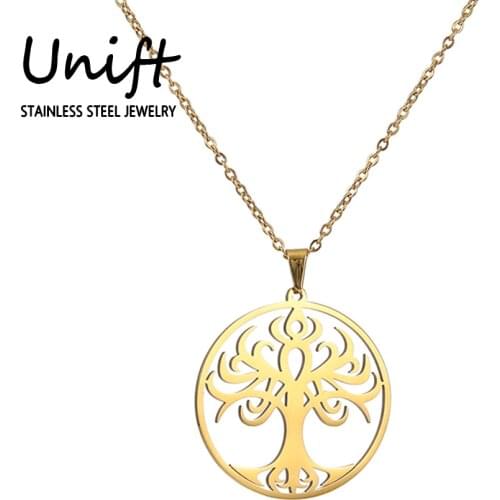 Unift Vintage Tree Of Life Round Pendant Stainless Steel Cold Color Necklace For Wen Women Unique Ethnic Amulet Jewelry Gifts