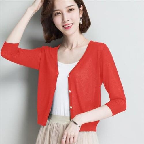 2021 New Summer Thin Knitted Cardigan Women Three Quarter Sleeve Basic Cropped V-neck Button Outer Wear Loose Casual Top L171