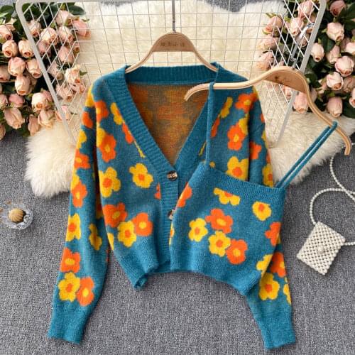 Women Korean Print Autumn Winter Knitted Set Casual Loose College Style Cardigan+Sexy Slim Strap Tops Two Piece Suits