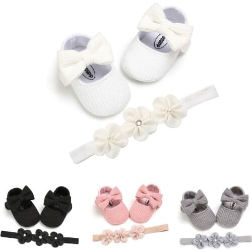2021 New Spring 0-18M Baby Girl Bow Crib Shoes+Pearl Flowers Headband Princess Set Buckle Strap Toddler Infant Footwear 4 Colors