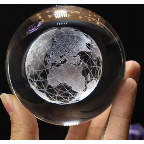 3D Crystal Earth Ball Laser Engraved Miniature Glass Sphere Ball Stand Home Office Ornament