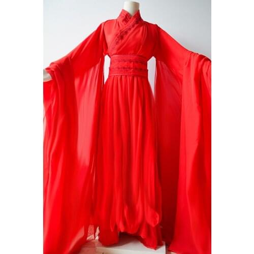 6 Designs Red Fairy Sowrdlady Cosplay Hanfu Costume Lace Emrbodiery Wide Sleeve Bride Wedding Hanfu cos ALanRuo Feng Jiu Dance