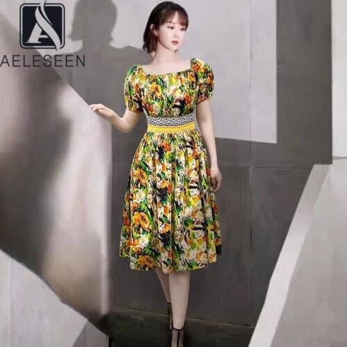 AELESEEN 100% Cotton Women Summer Dress 2021 Runway Fashion Waist Elastic Green Flower Print Ruffles Midi Party Dress