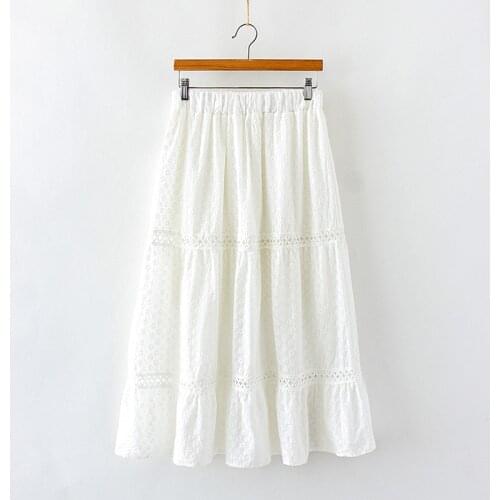 White skirt fairy embroidery lace hollow out cotton A-Line skirt mori girl 2019 summer