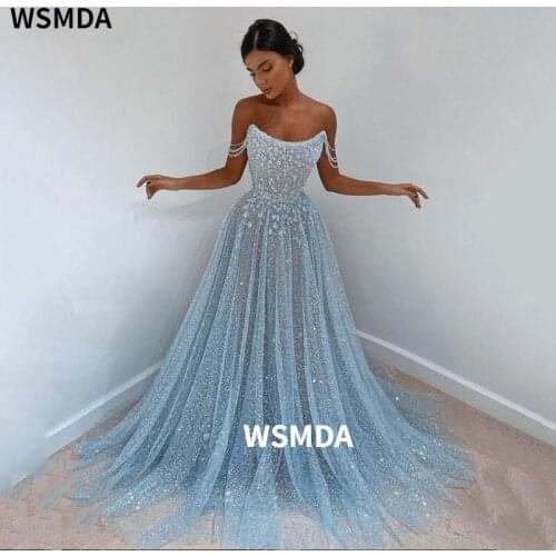 Shiny Beaded Prom Dress Off The Shoulder Glitter Tulle A-Line Arabic Evening Gown Tulle Long Party Dress 2021