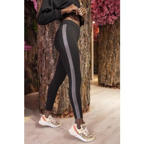 Black Side Silver Metallic Stripe Detailed High Waist Compression Leggings Fitness Stacked Sport Daily Wear