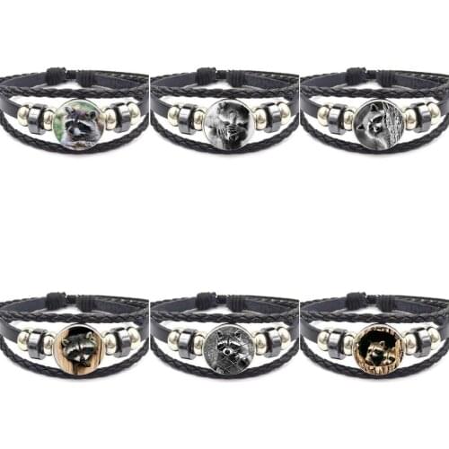 EJ Glaze For Men Women Gift Retro Wild Animal Raccoon Brand Glass Cabochon Black Leather Bracelet Bangle Jewelry Gift