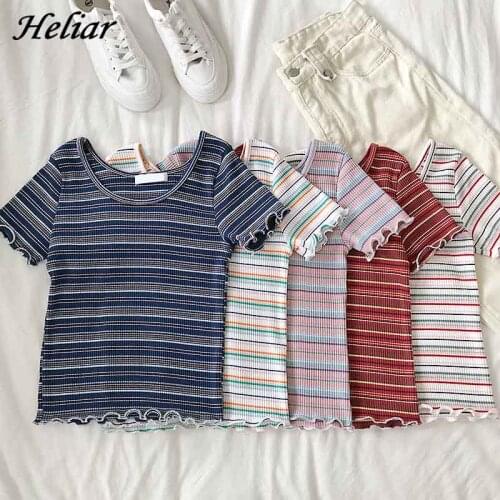 HELIAR Women Striped O-Neck T-shirt Chic Ruffled Tshirt Summer Short Sleeve Casual Beach Outwear Camiseta Feminina TEE For Women