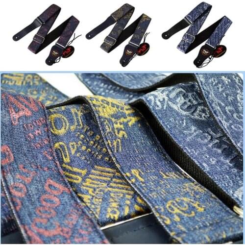 Guitar Strap Thicken Denim Cotton Retro English Printing Strap Electric Acoustic Guitar Folk Guitar Bass Strap