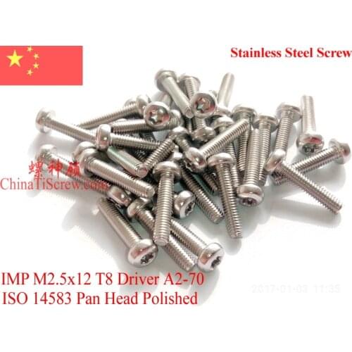 ISO 14583 Stainless Steel Screws M2.5x12 Pan Head Torx T8 A2-70 Polished ROHS 100 pcs