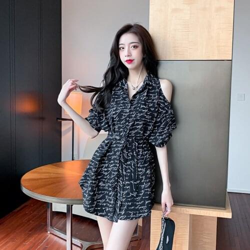Korean Spring Stylish WomenS Clothing One Piece Sexy Chic Hollow Out Shoulder Letter Print Shirt Lace Up Dress Vestido De Mujer
