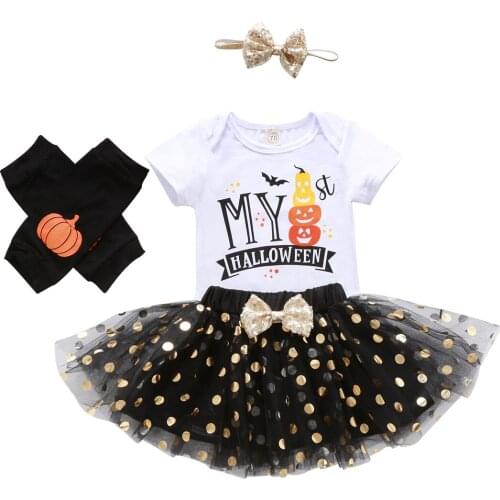 4pcs Halloween Baby Girls Costume Cute Print Short Sleeve Romper+Dot Tulle Skirt + Leg Warmer + Sequin Headband Outfits Set