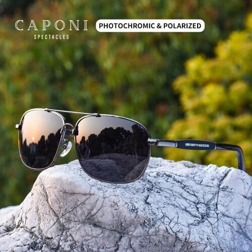 CAPONI Square Polarized Sunglasses Vintage Alloy Eyewear For Men Shades For Masculino Photochromic Driving Goggles UV400 BS10001