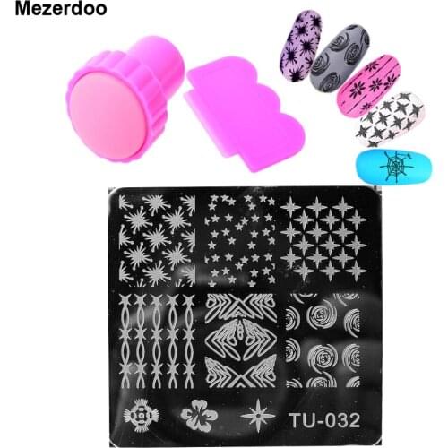 Mezerdoo Cobweb Flower Pattern Nail Art DIY Manicure Template 1Pcs Square Image Plates+ 1 Pink Stamper Scraper Set Nail Polish S