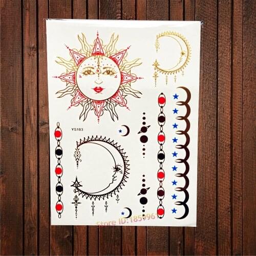 Fashion Indian Tattoo Gold Sun Moon Star Jewelry Design Women Body Art Temporary Tattoo Sticker Waterproof Arm Leg Tatoo AYS-103