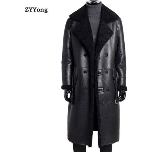 Sheepskin Jacket Men Winter Jackets and Coats Thickening Wool Windbreak Waterproof Warm Skin Lamb Fur Long Trench Coat Plus Size