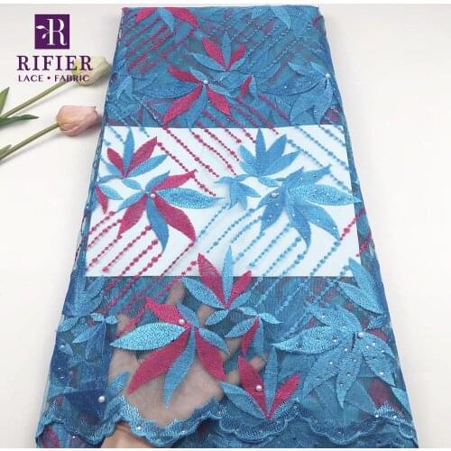 Sky Blue Color Beads And Stones Style French Net Lace Fabrics Nigerian Elegent Women Wedding Dress Embroidered Beaded Net Sewing