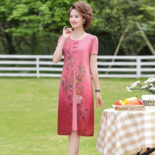 New Large Size Womens Summer Middle-aged Female Chiffon Dresses mother two-piece print flower loose dress