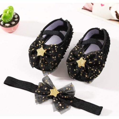 Newborn Baby Girls Shoes + Headband Set Net Yarn Bowknot Star Princess Shoe Toddler Soft Sole Walking Cotton First Walkers